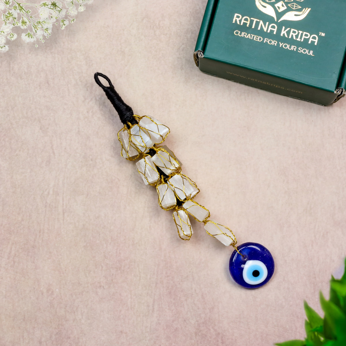 Selenite with Evil Eye Hanger – For Protection, Aura Cleansing & Positive Energy