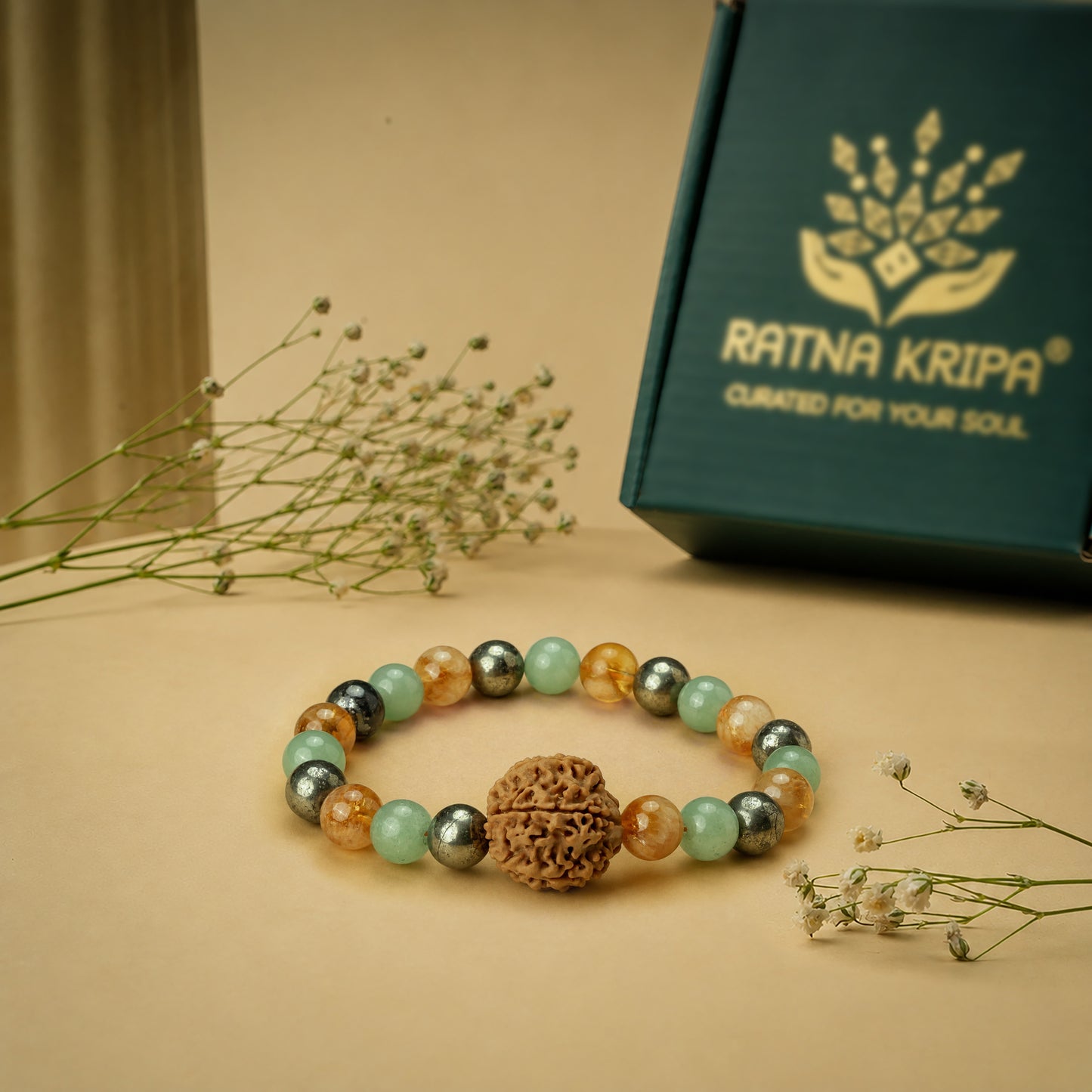 Citrine, Pyrite, Green Aventurine & 7 Mukhi Rudraksha Bracelet