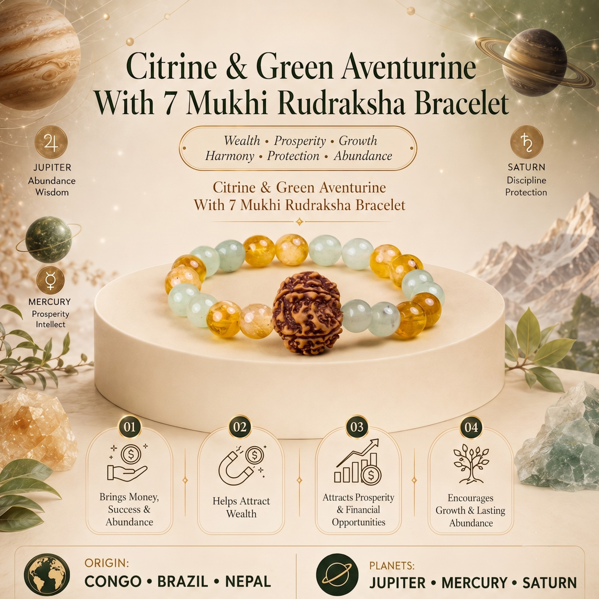 Citrine & Green Aventurine With 7 Mukhi Rudraksha