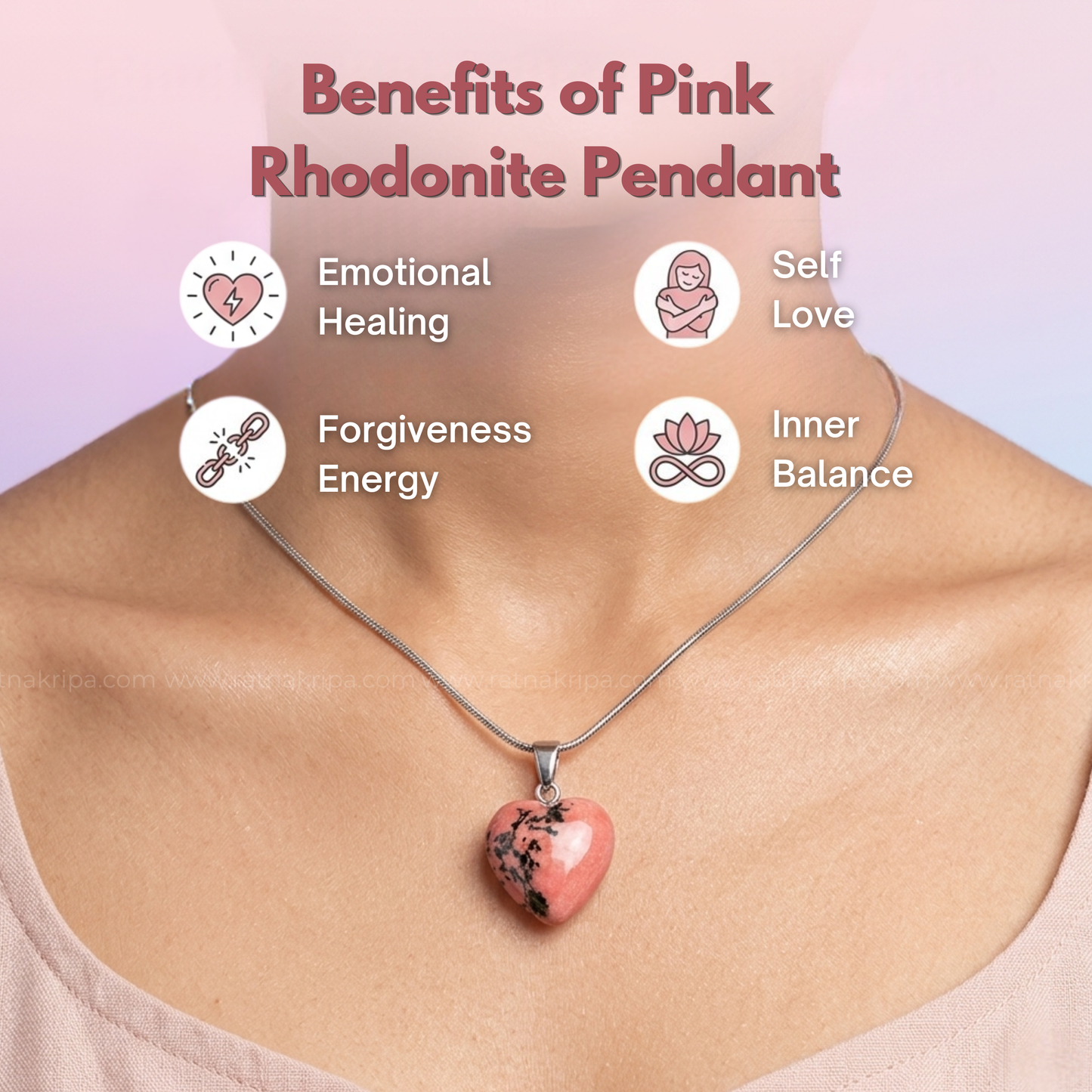 Pink Rhodonite Pendant - Heart Shape