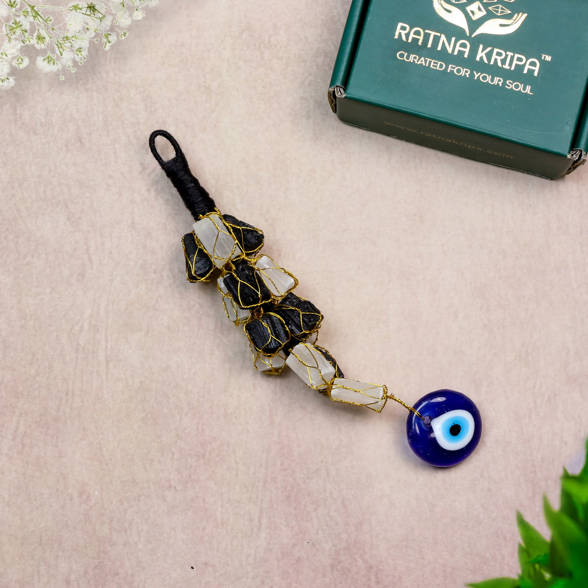 Selenite & Black Tourmaline with Evil Eye Hanger – For Protection, Aura Cleansing & Positive Energy