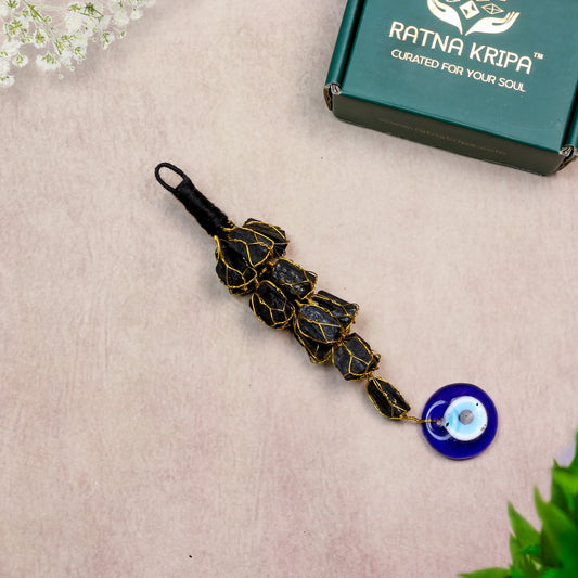Black Tourmaline with Evil Eye Hanger – For Protection, Grounding & Negative Energy Shielding