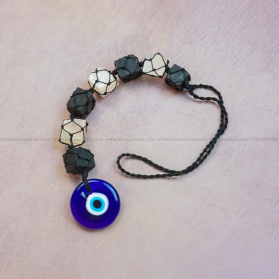 Selenite & Black Tourmaline with Evil Eye Hanger for Positive Energy and Spiritual Shielding