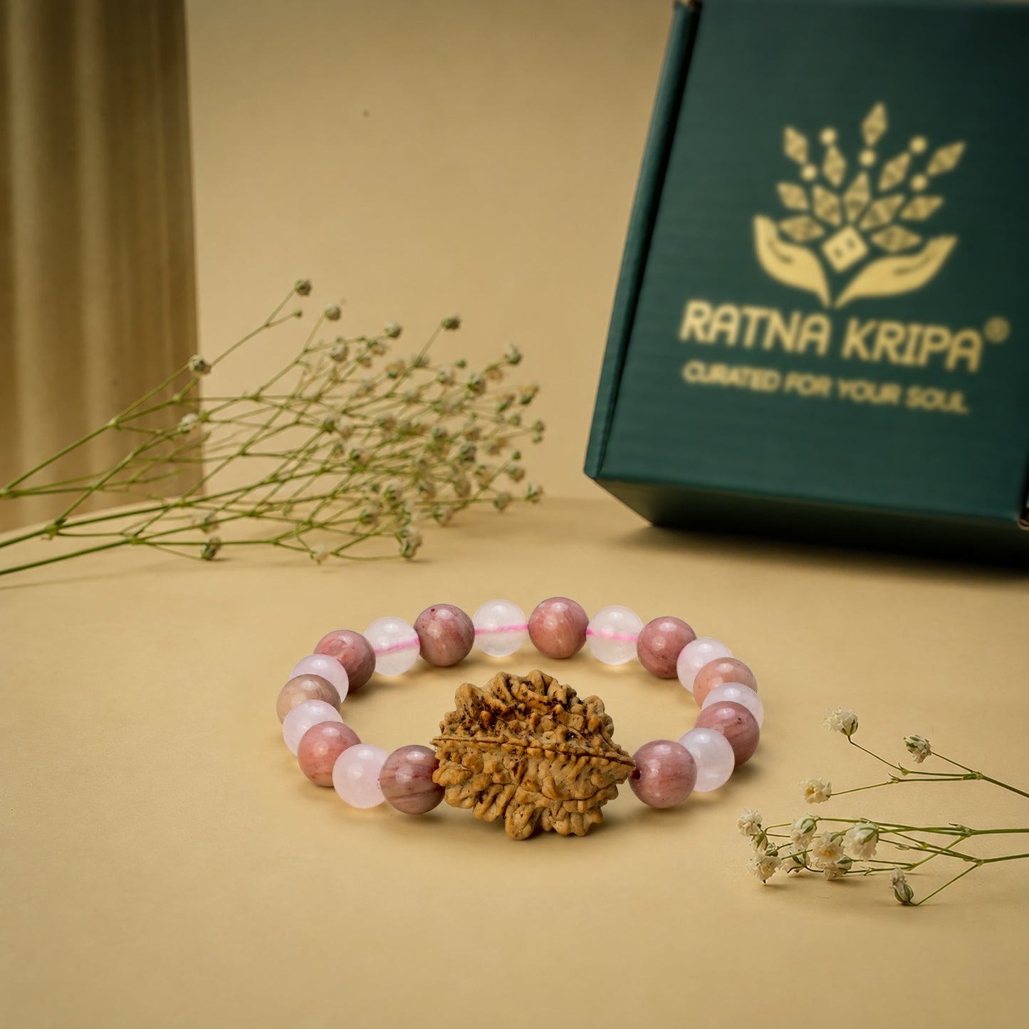 Rose Quartz & Rhodocrosite with 2 Mukhi Rudraksha Bracelet