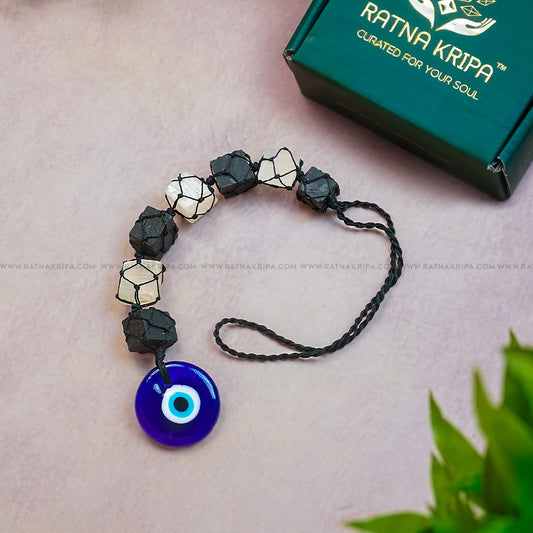 Selenite & Black Tourmaline with Evil Eye Hanger for Positive Energy and Spiritual Shielding