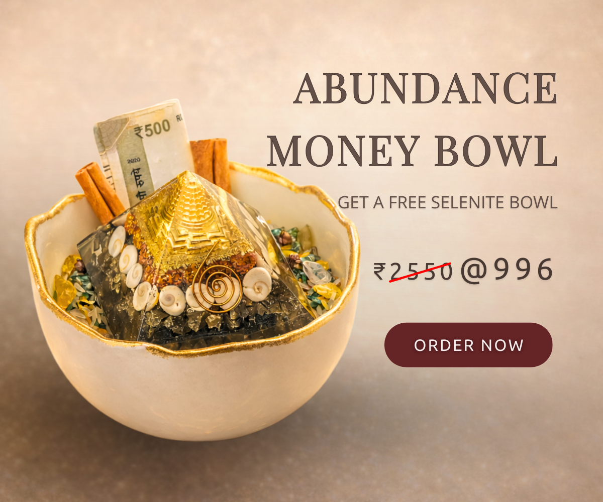 Abundance money bowl with decorative items and text on a beige background