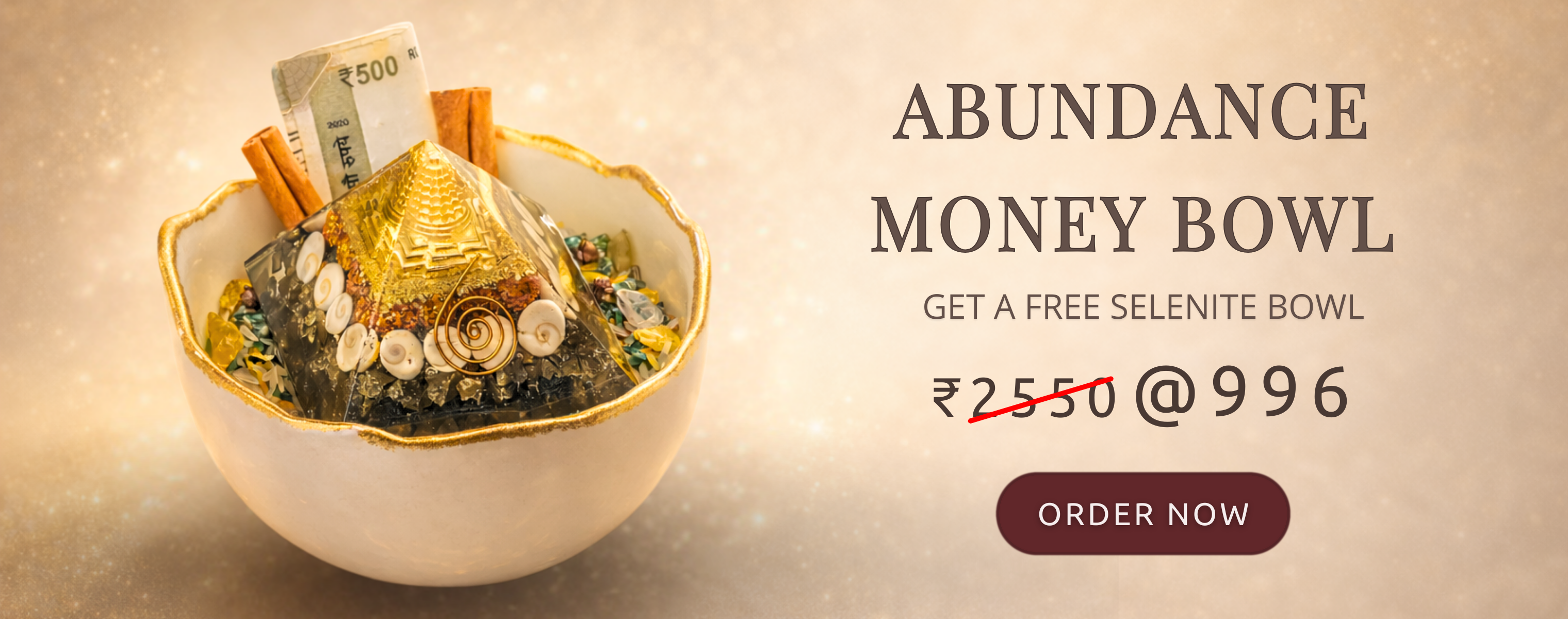 Abundance money bowl with gold coins and a small pyramid, on a beige background with promotional text.