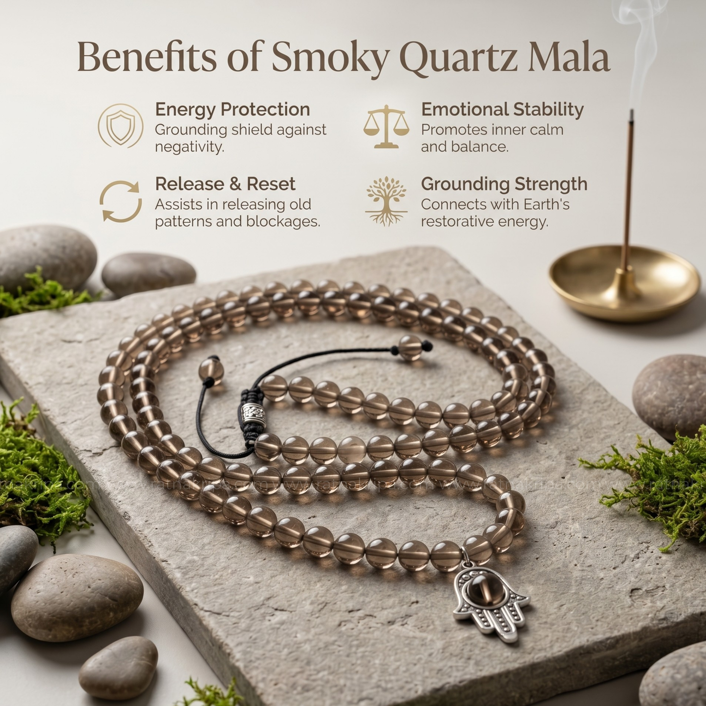 Smoky Quartz 108 Beads Mala - Stone of Stress Relief