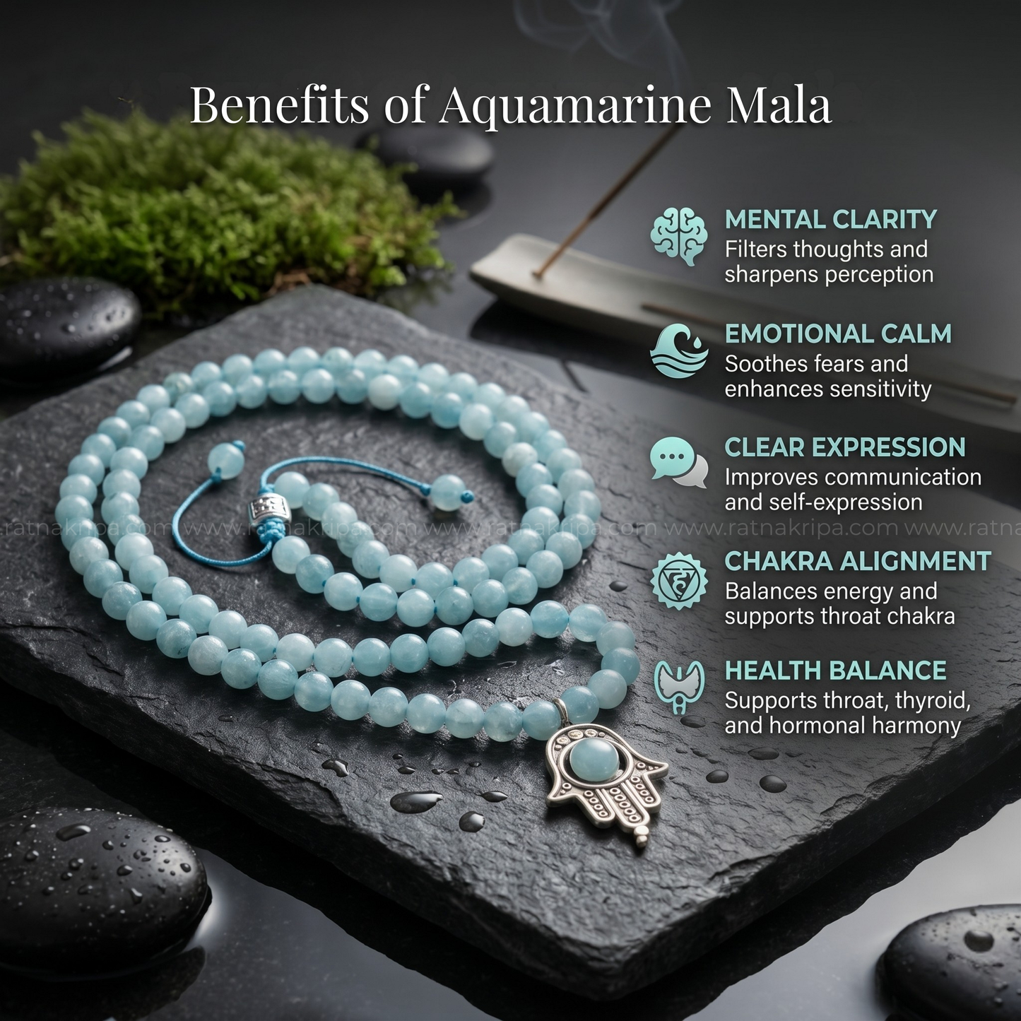 Aquamarine 108 Beads Mala - For Courage
