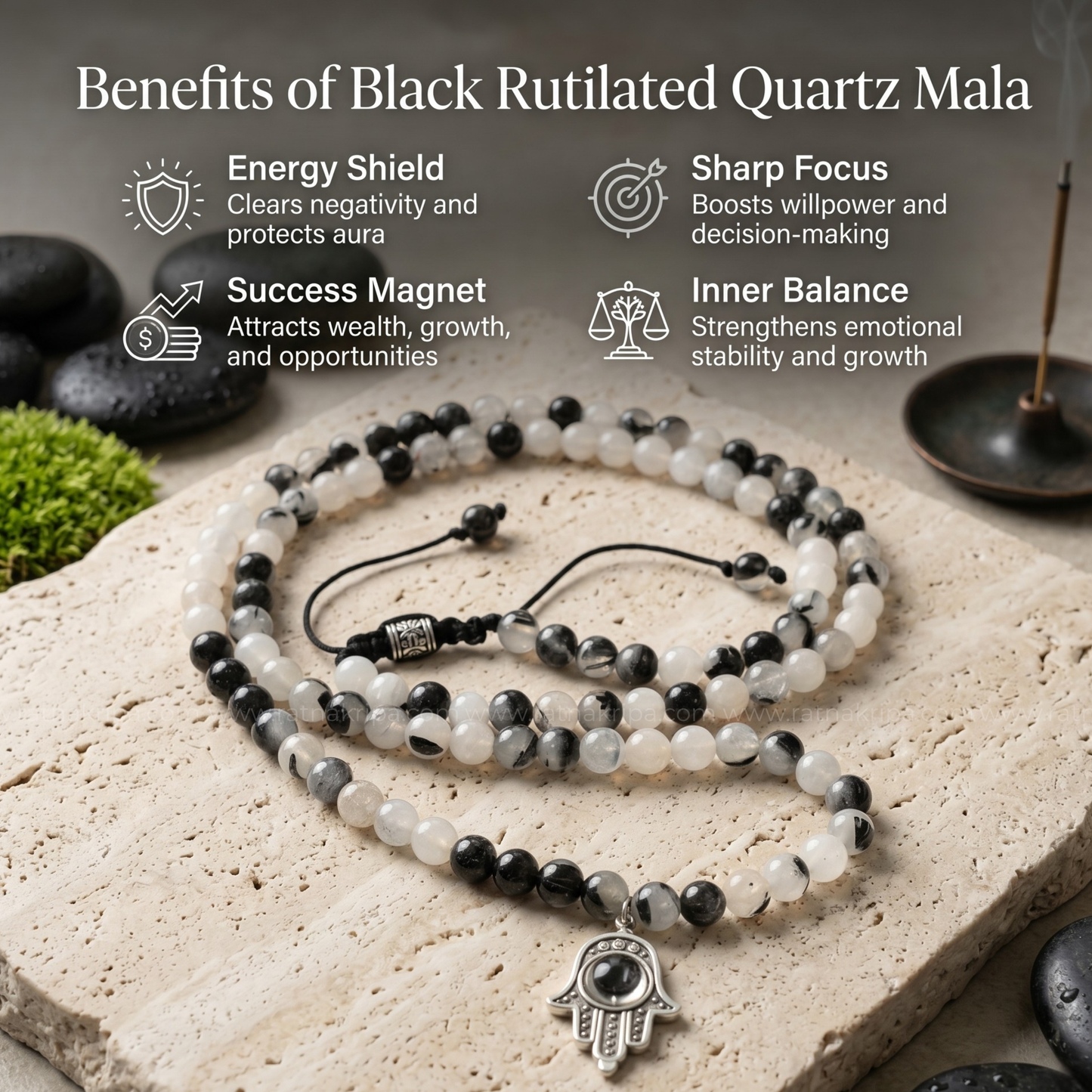 Black Rhutilated Quartz Mala 108 Beads - For Aura Cleansing