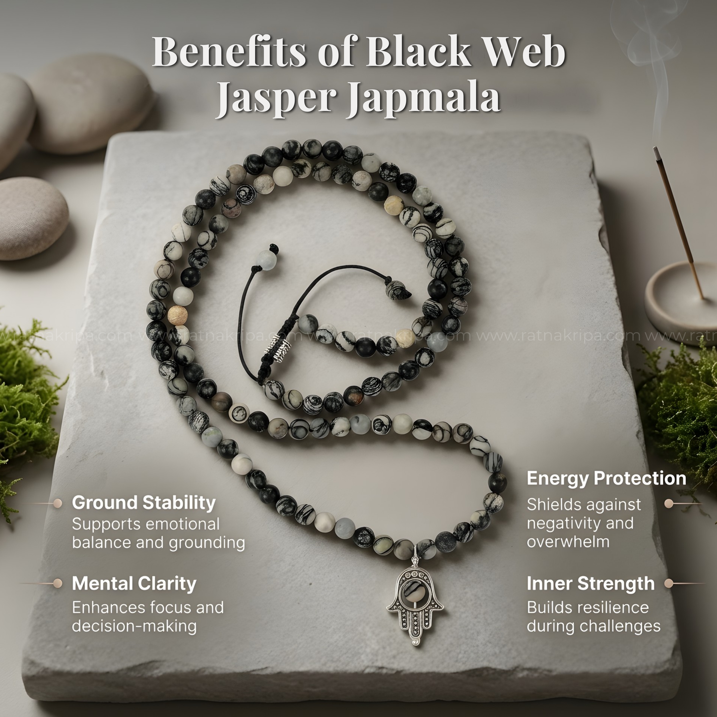 Black Web Jasper Mala 108 Beads - For Detox