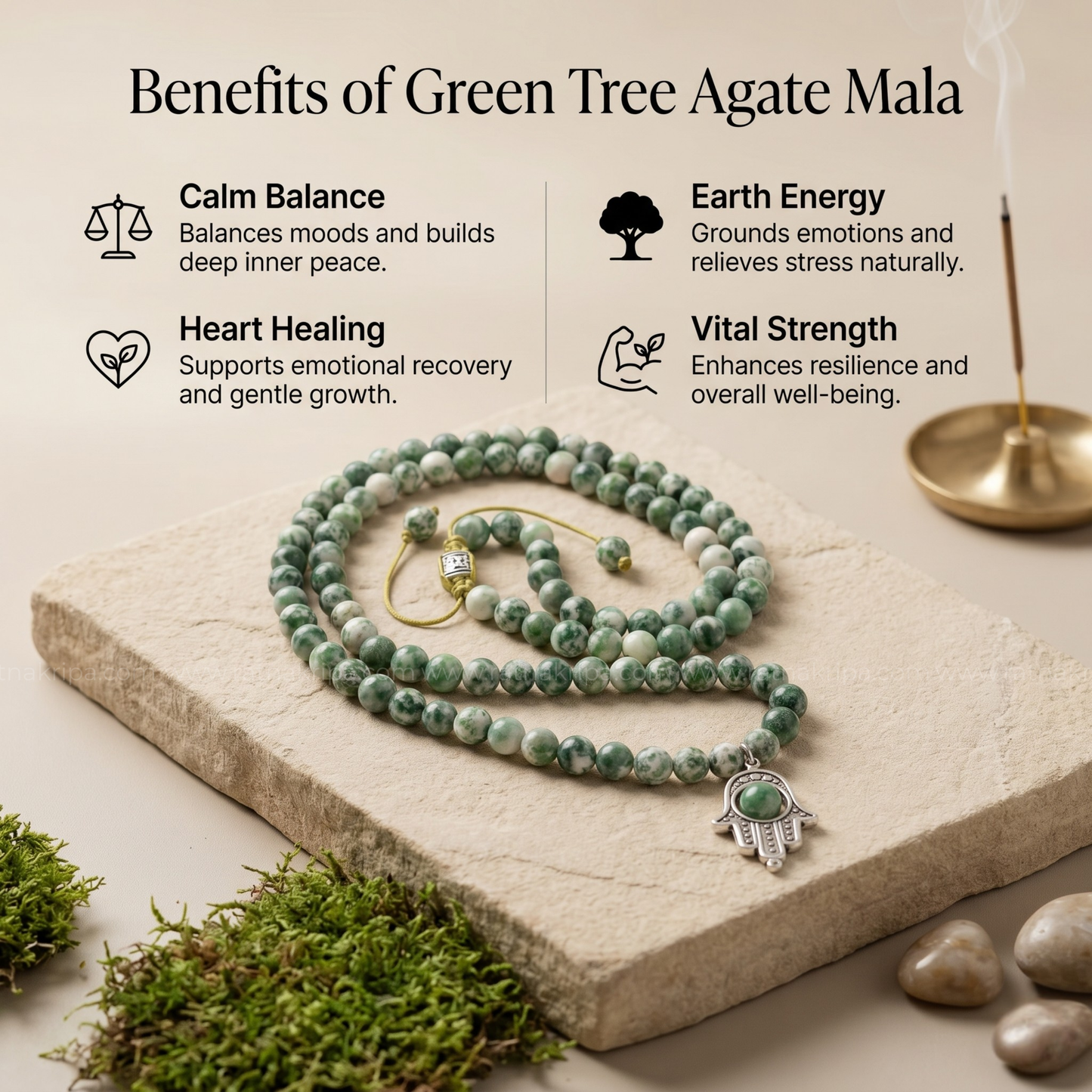 Green Tree Agate 108 Beads Mala - Stone of Inner Peace