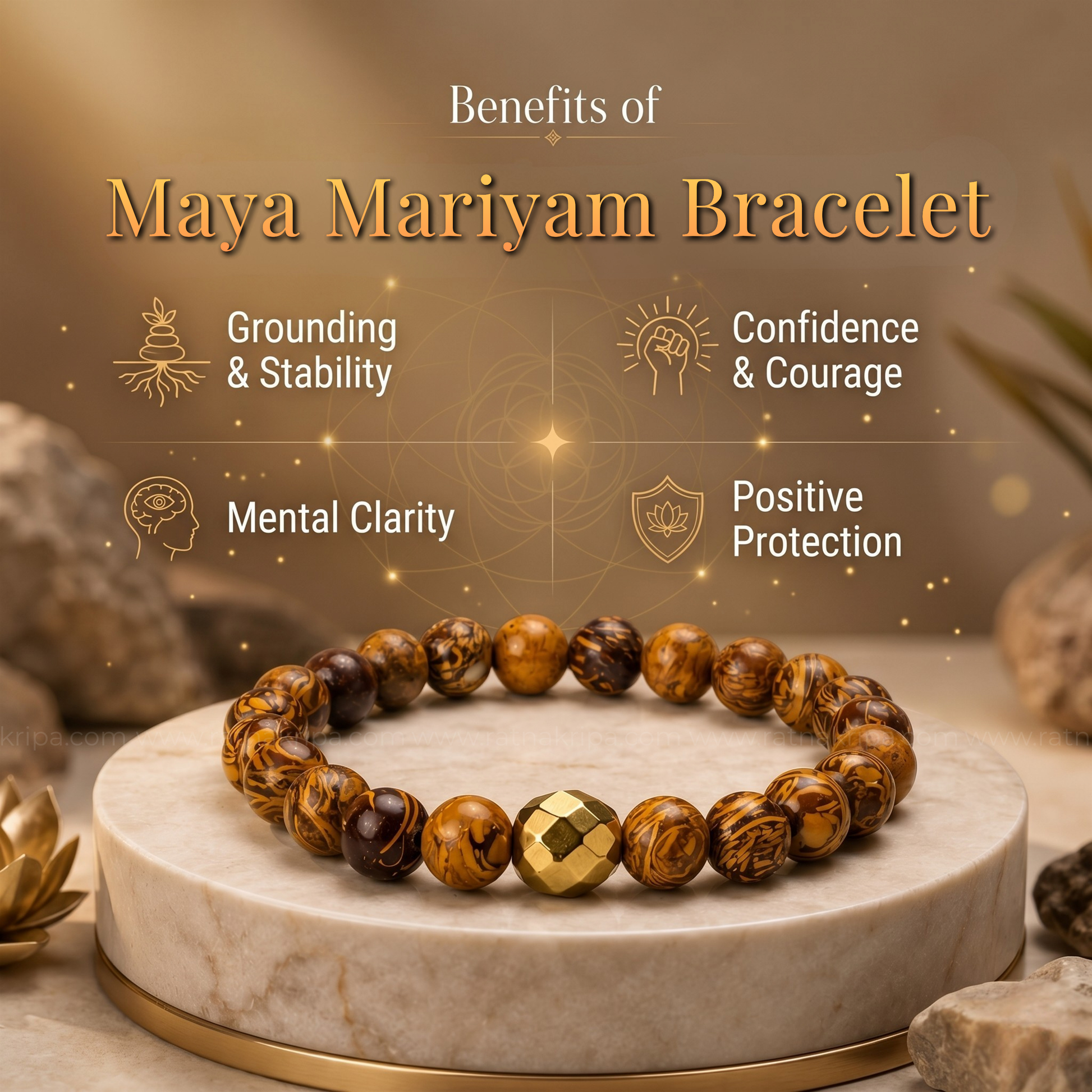 Maya Mariyam bracelet with benefits listed on a decorative Styled