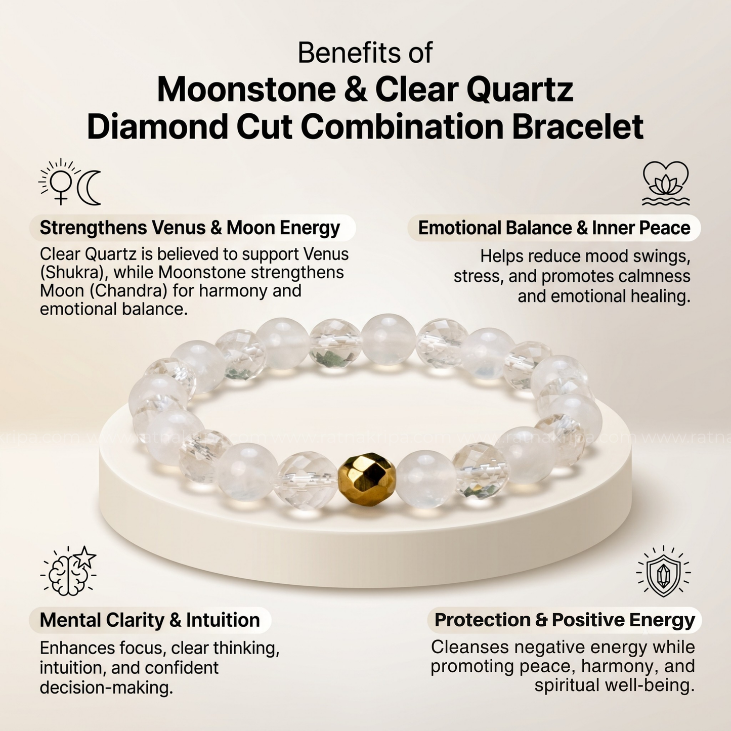 Moon Stone and Clear Quartz Diamond Cut Combination Bracelet