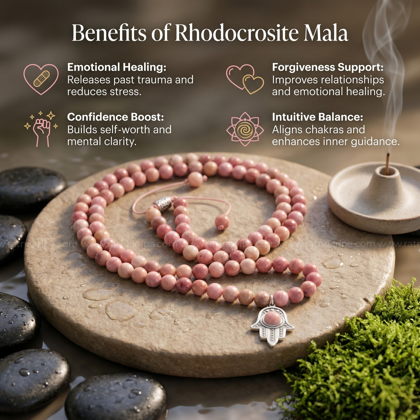 Rhodocrosite 108 Beads Mala - For Emotional Healing