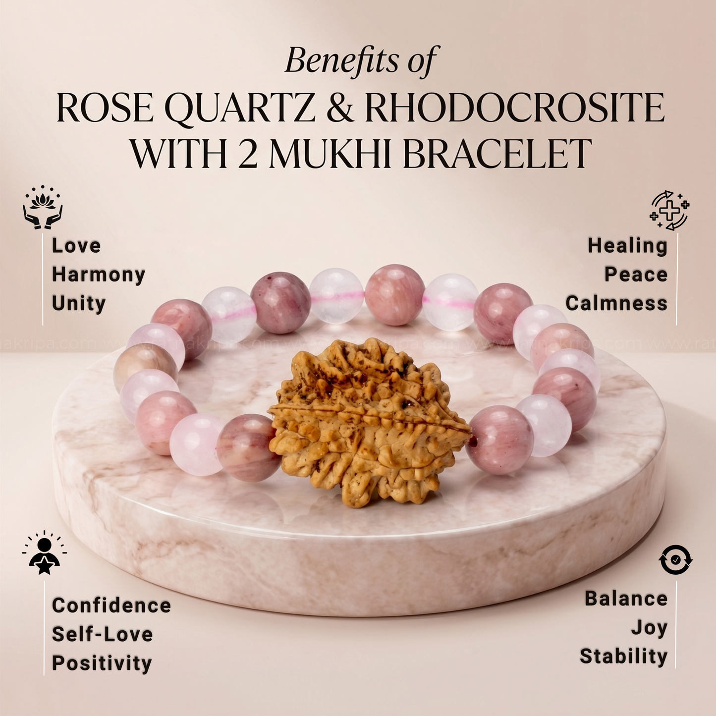 Rose Quartz & Rhodocrosite with 2 Mukhi Rudraksha Bracelet