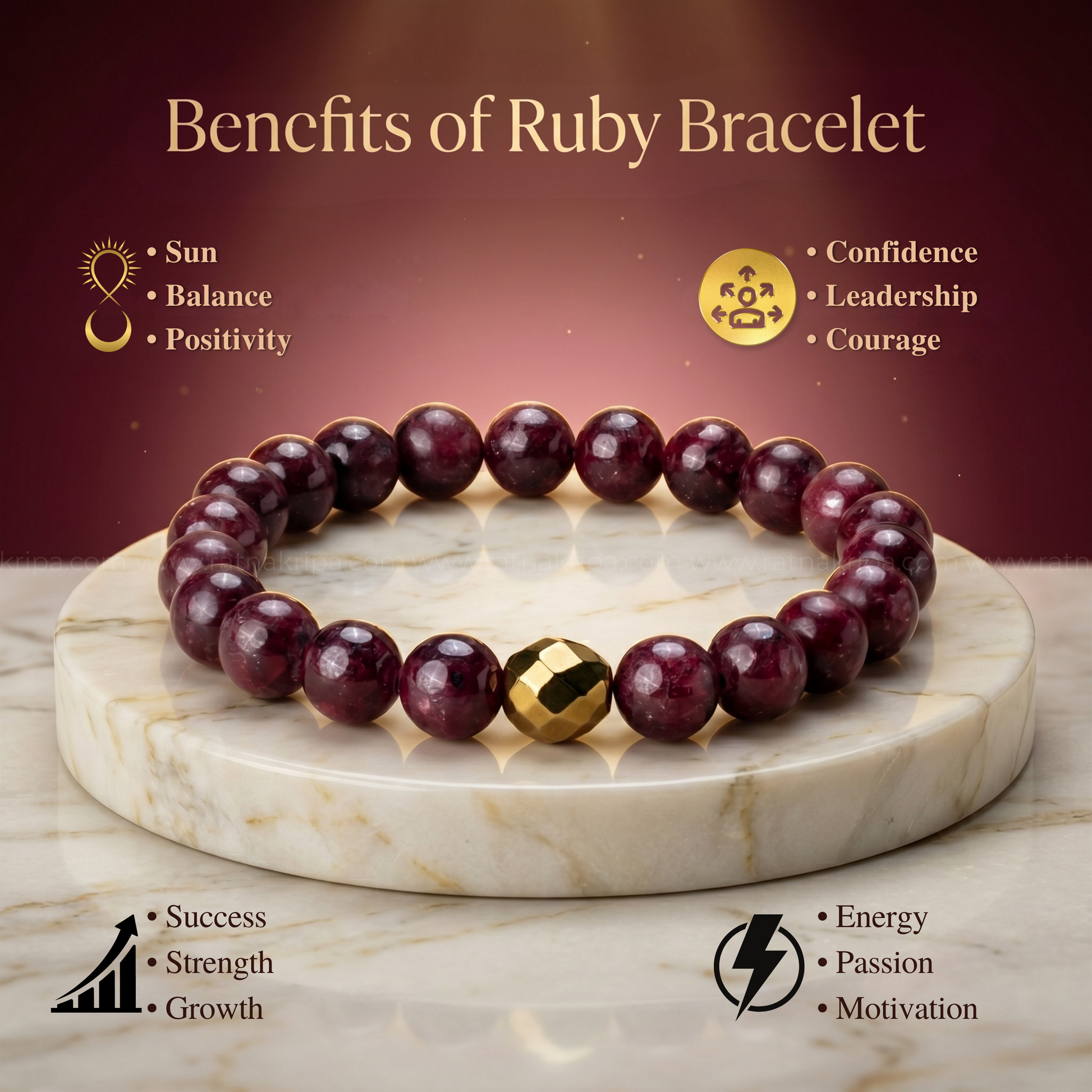 Ruby bracelet with gold bead on a marble stand against a dark red background, highlighting benefits of the bracelet.