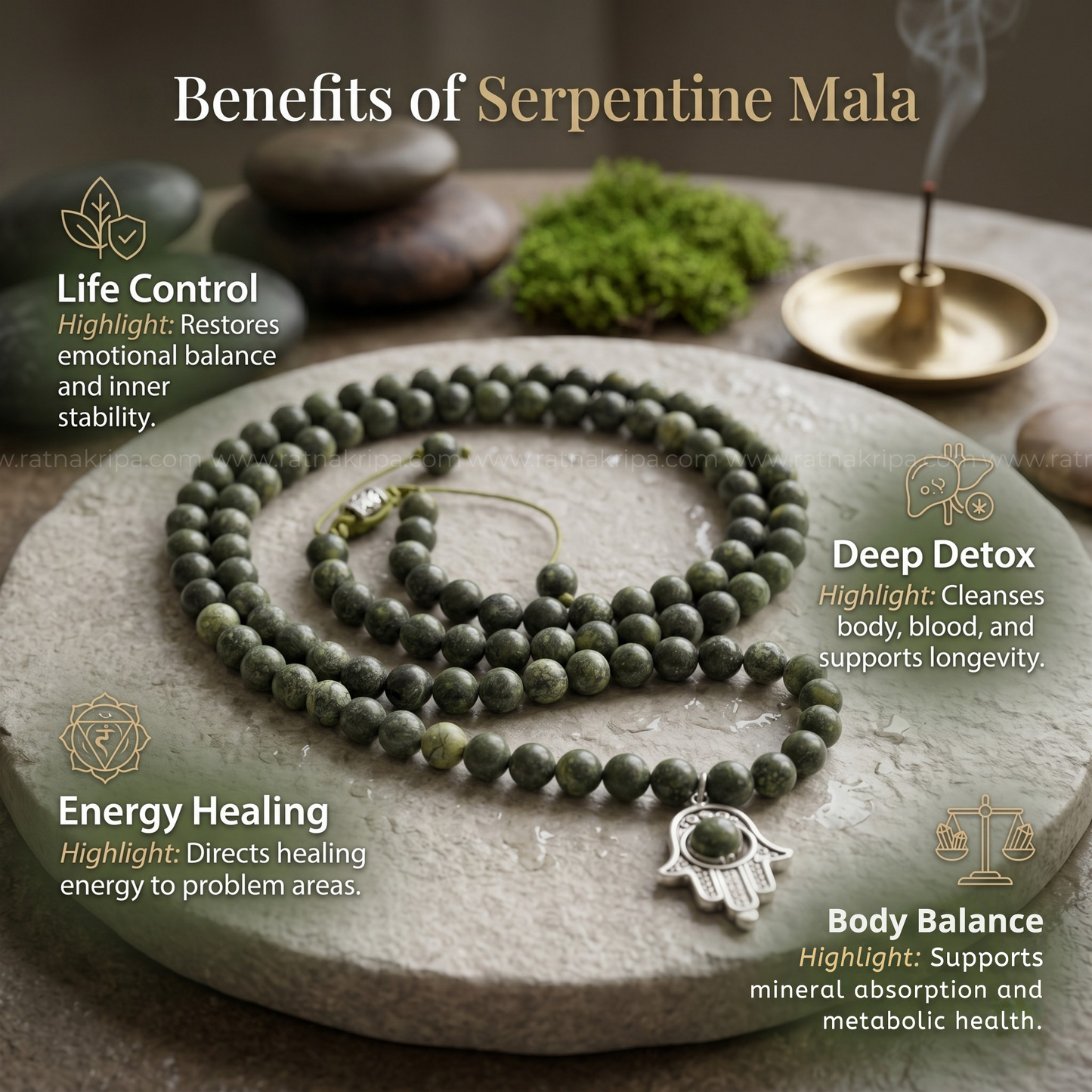 Serpentine Mala 108 Beads - For Inner Peace and Emotional Healing