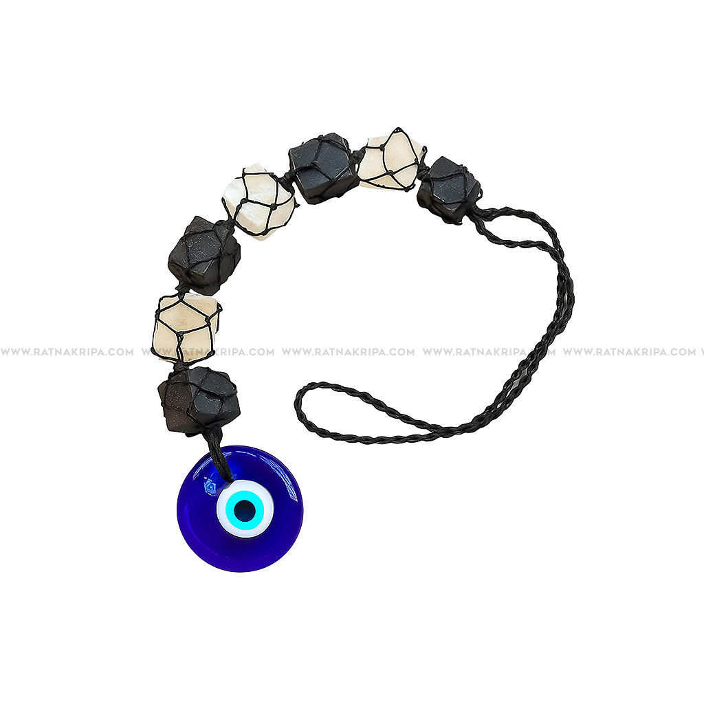 Selenite & Black Tourmaline with Evil Eye Hanger for Positive Energy and Spiritual Shielding